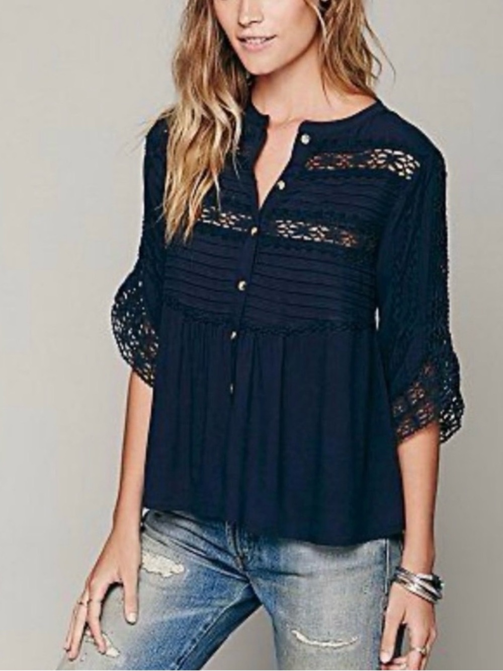 Free People - Navy Pintuck Crochet Insert Button Down Quarter Sleeve Blouse XS